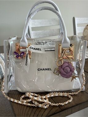 Custom Upcycled Chanel Beauté Clear Bag w Authentic Charms, Ribbon & Makeup Bag